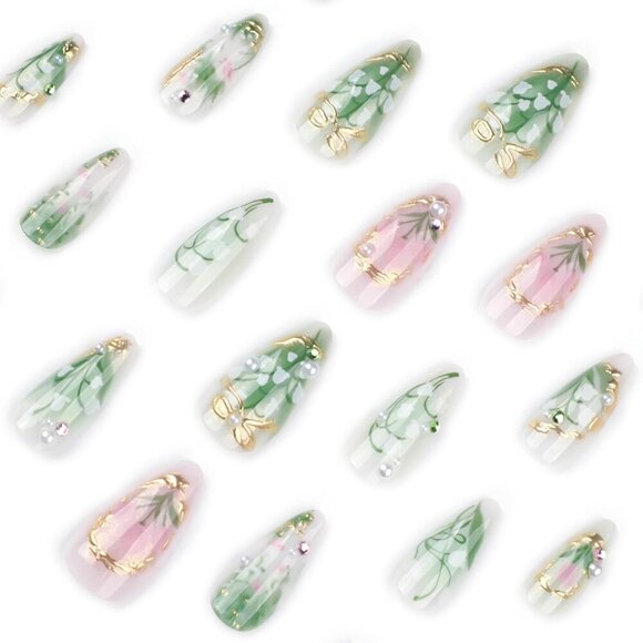 Green Press on Nails Medium Almond Fake Nails with 3D Pearl Rhinestones Designs - Picture 3 of 7